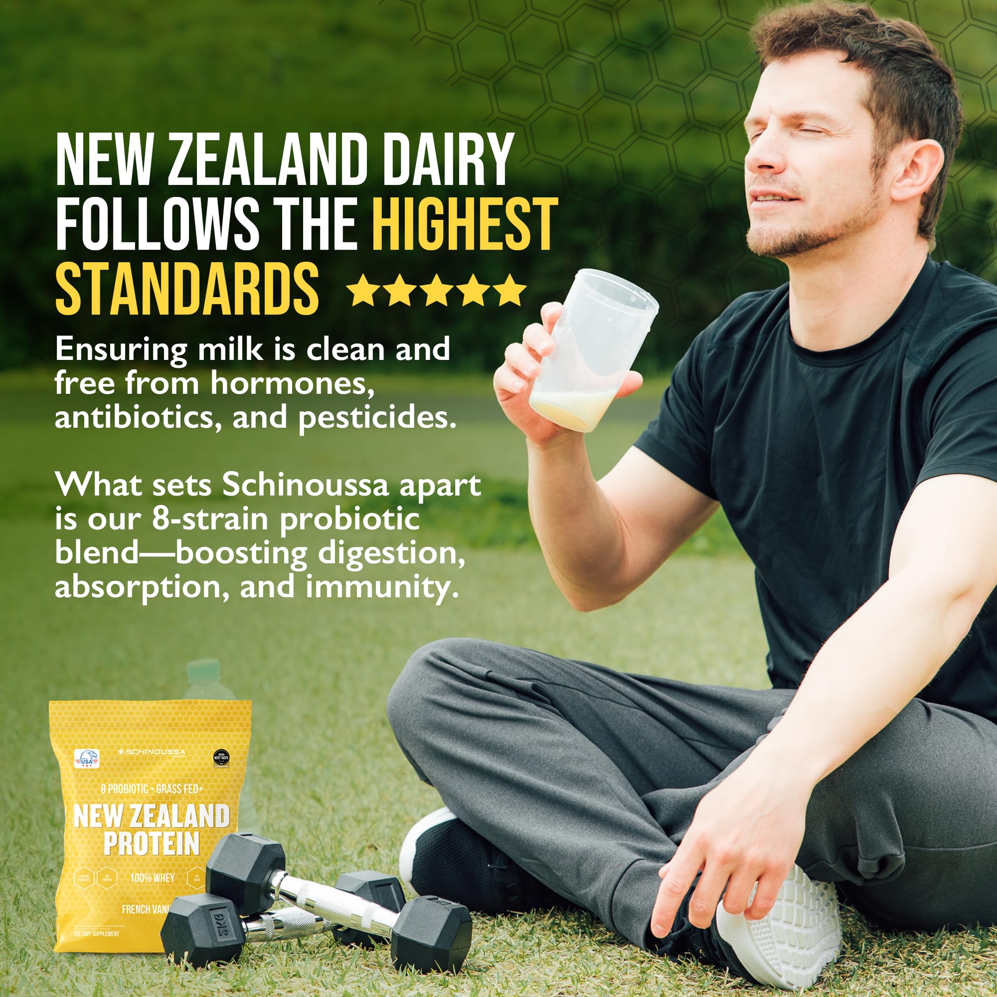 Schinoussa probiotic whey 8 strains badge—highlights probiotic gut health benefits.