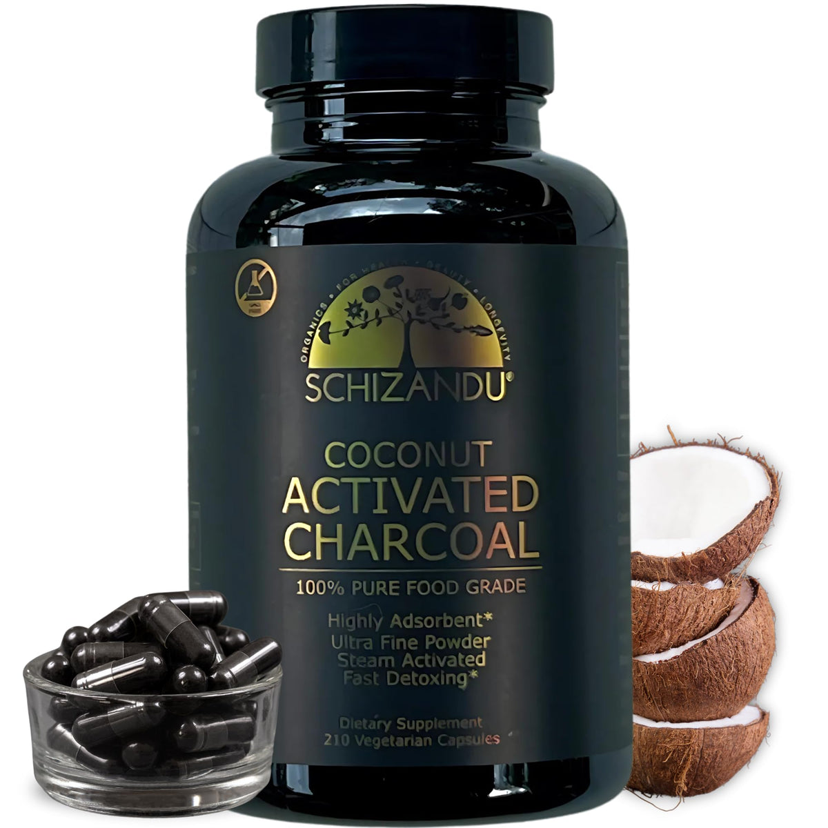 Front view of Schizandu Activated Coconut Charcoal Capsules bottle