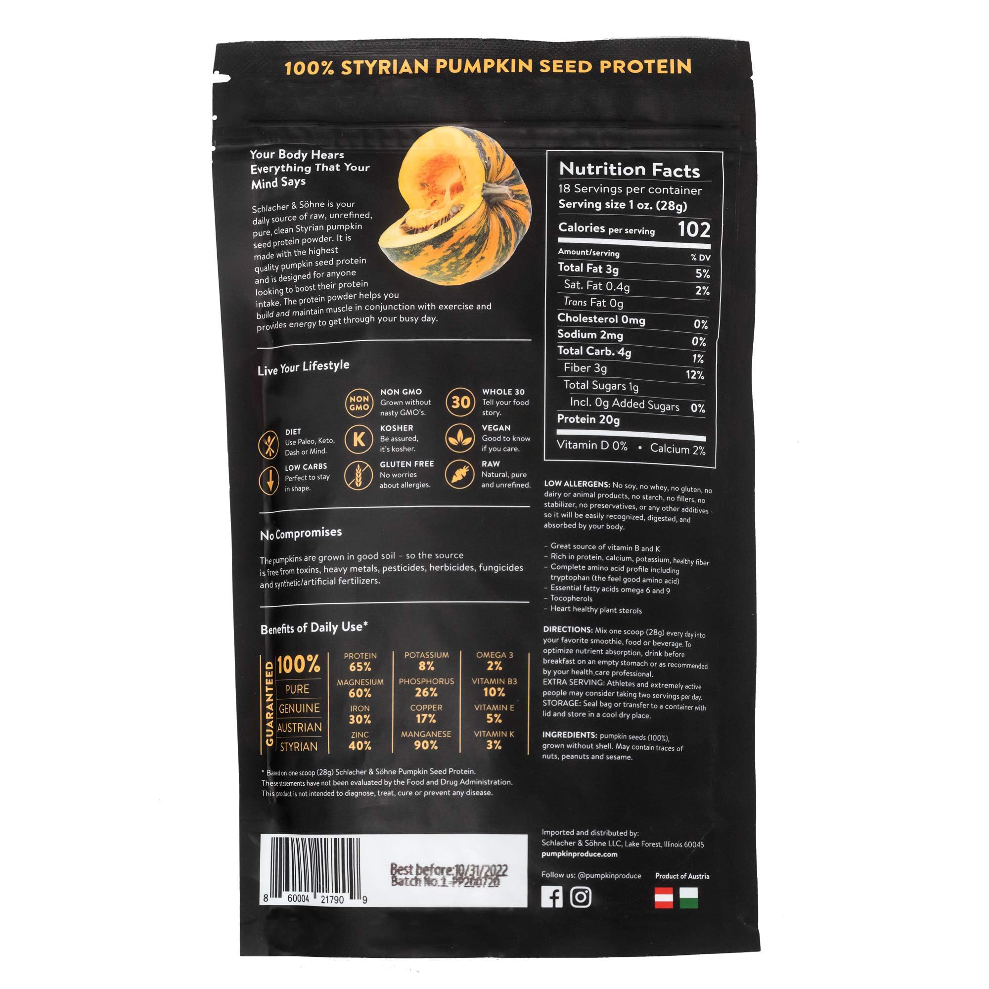 Schlacher Styrian Pumpkin Seed Protein jar shows powder texture for smoothies