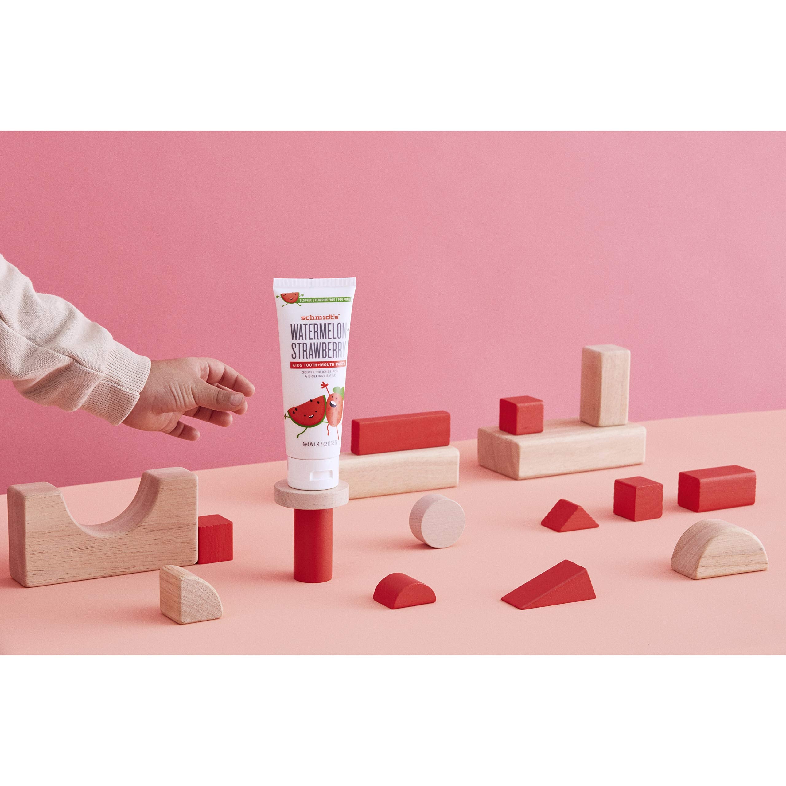 Watermelon + Strawberry flavor label for Schmidt's Kids toothpaste