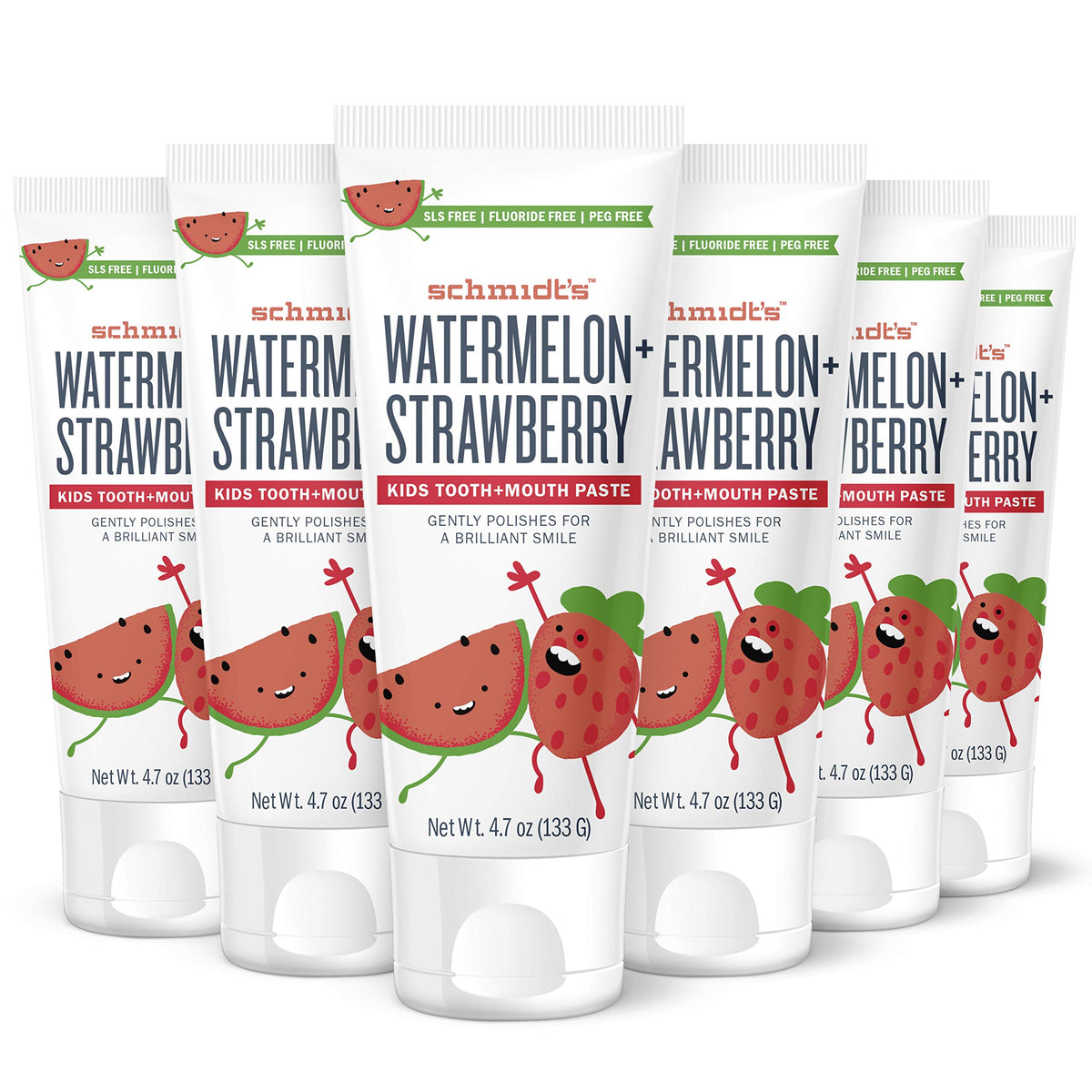 Front view of Schmidt's Kids Watermelon + Strawberry toothpaste 4.7 oz 6-pack