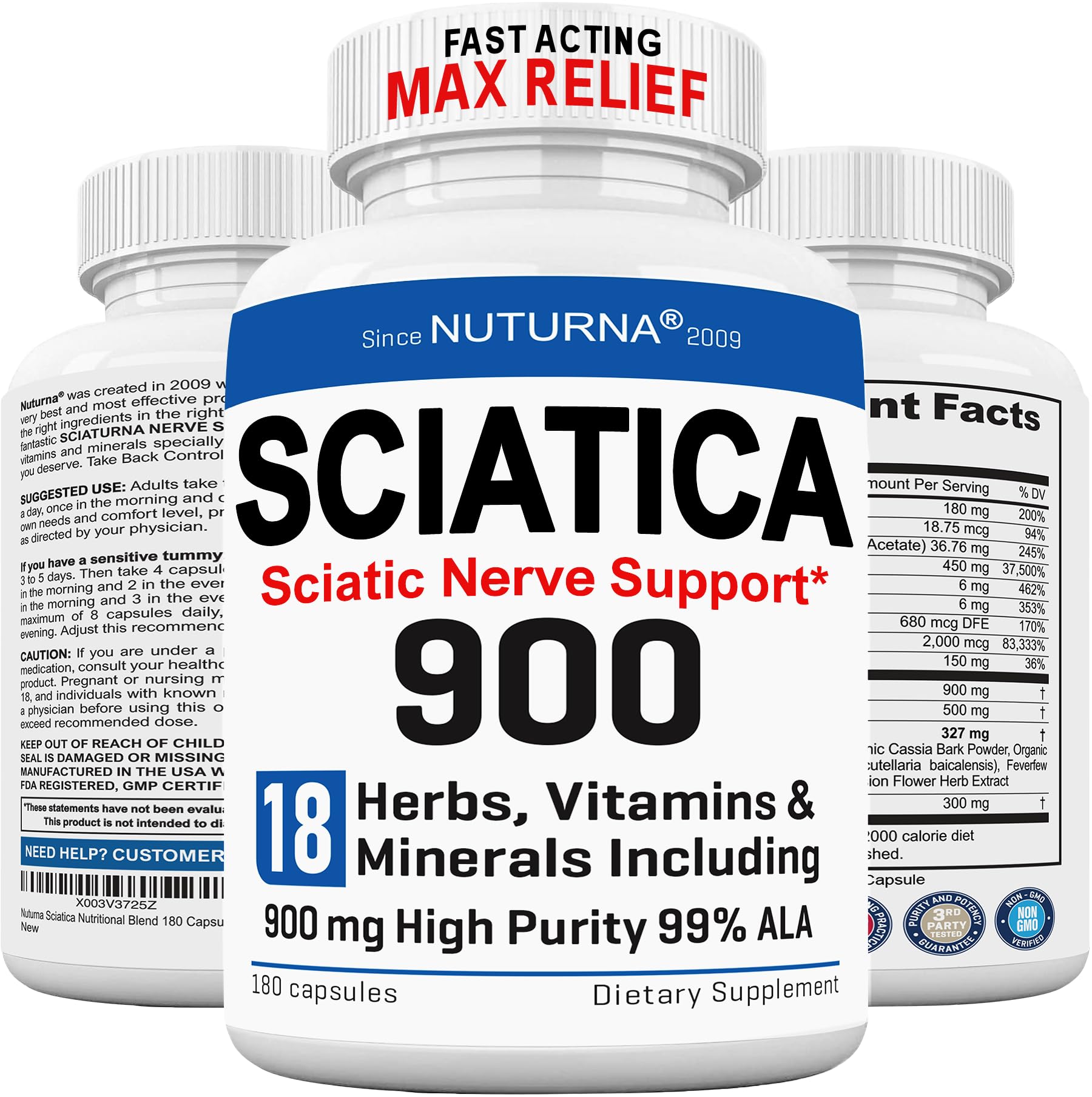 Sciatica nerve relief supplement bottle with 180 capsules