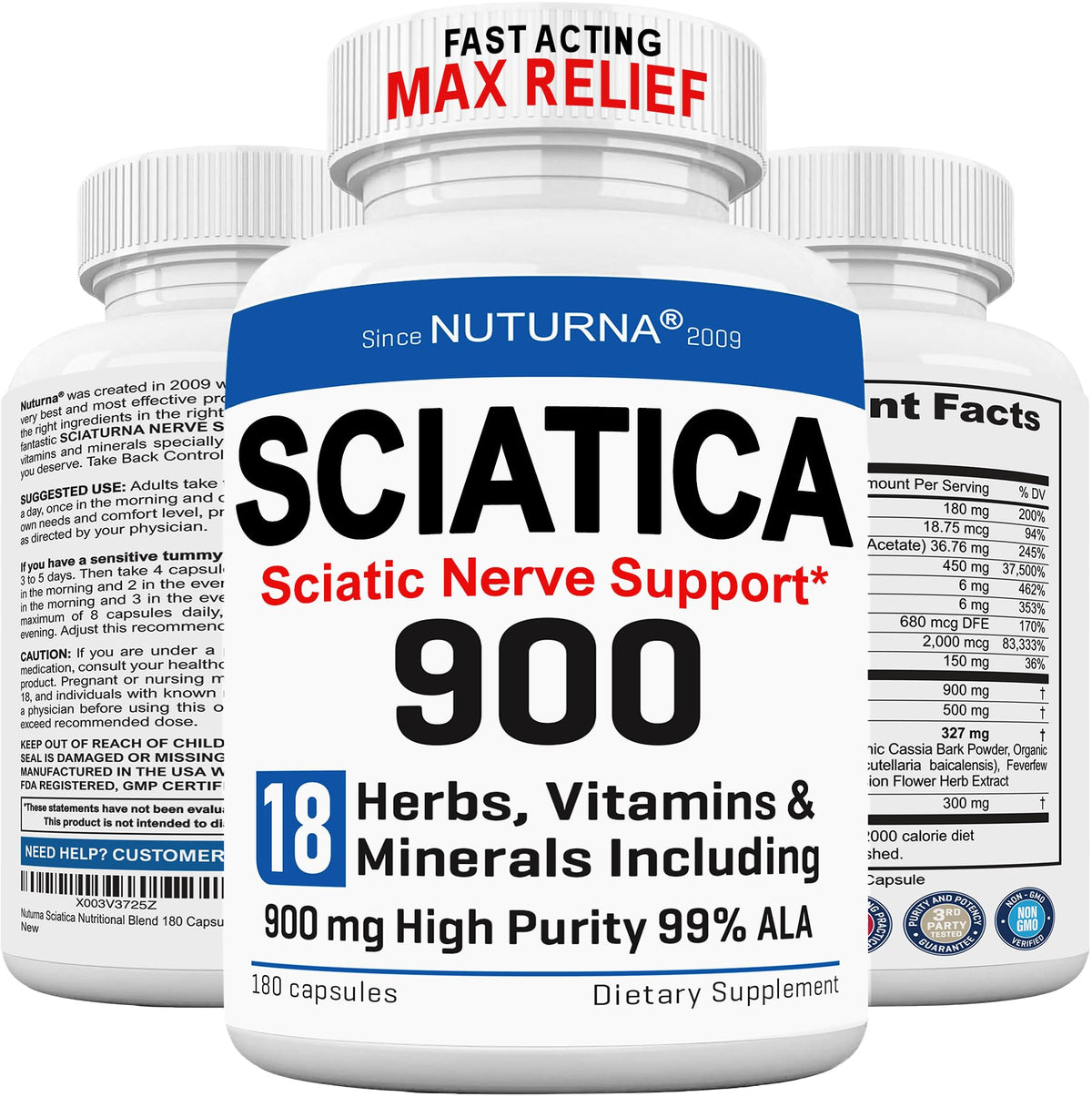 Sciatica nerve relief supplement bottle with 180 capsules