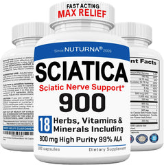 Sciatica nerve relief supplement bottle with 180 capsules