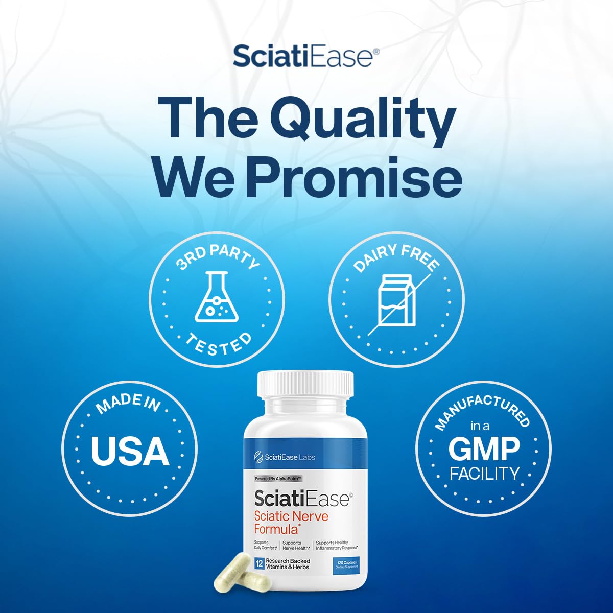 Lifestyle shot of SciatiEase bottle with glass of water