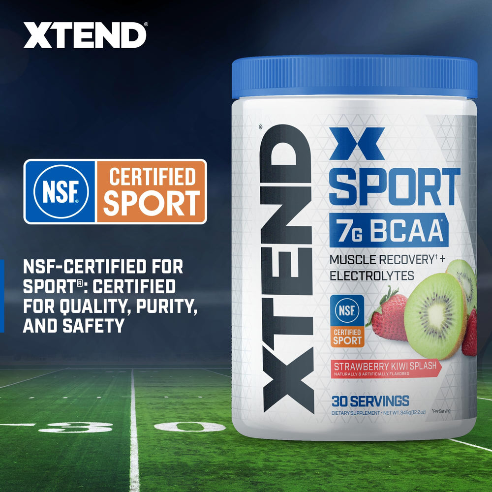 Close-up of XTEND Sport bottle label highlighting BCAAs and hydration features