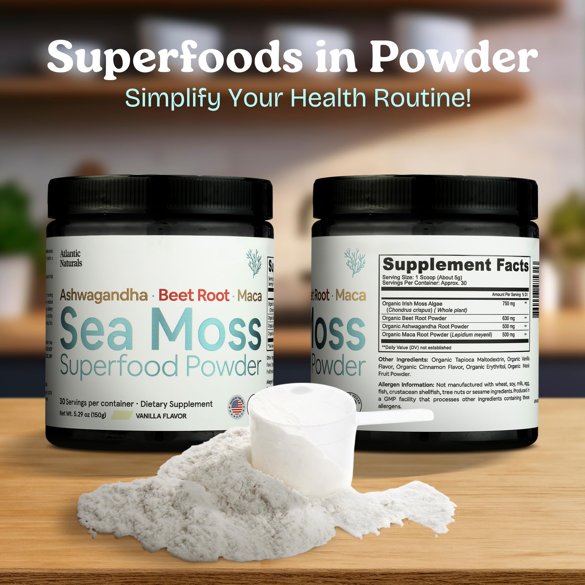 Scooping sea moss powder with ashwagandha, beet root, and maca into a glass