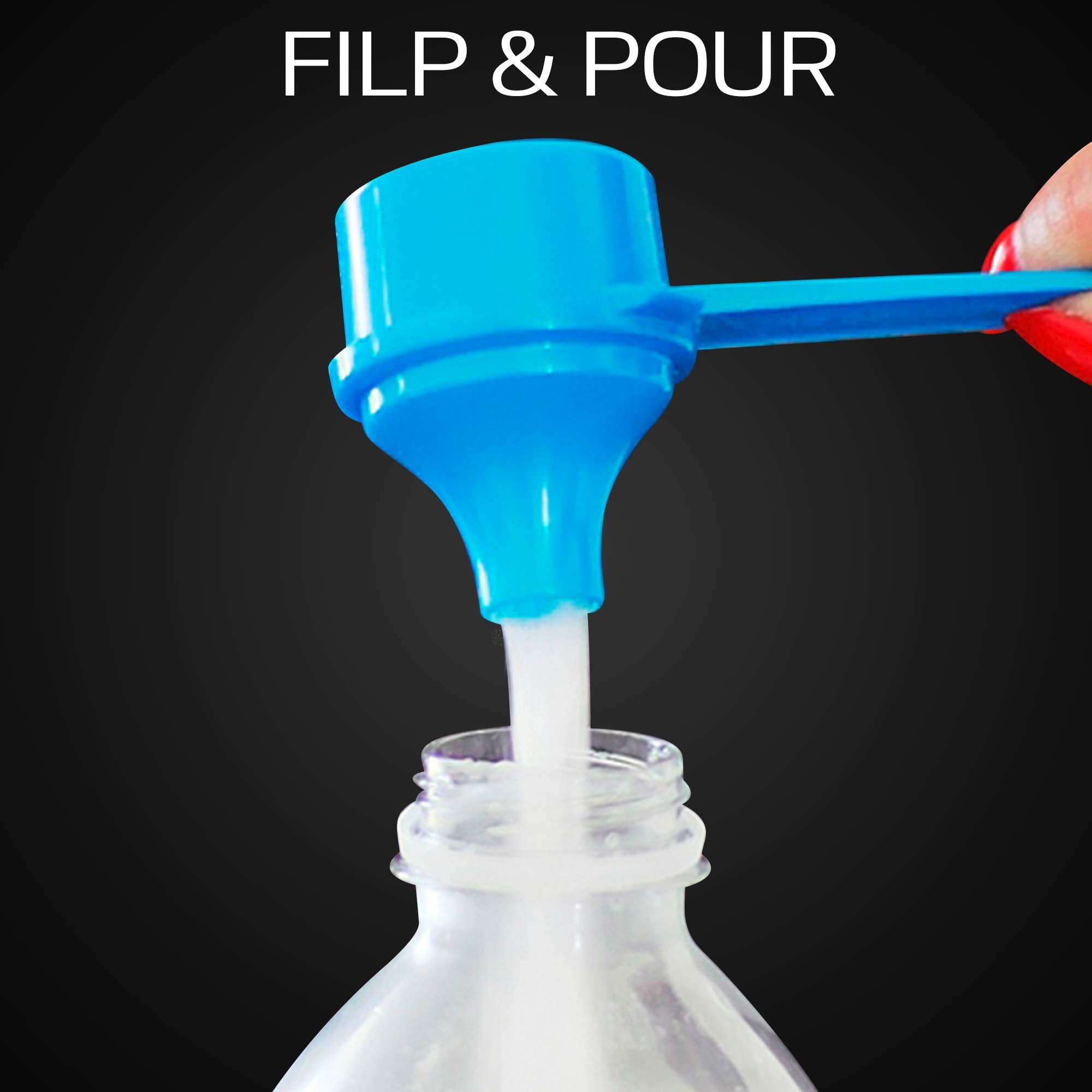 Close-up of the spill-proof funnel design on the Scoopie container