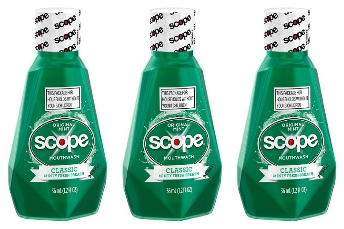 Scope Mouthwash Classic Original Mint travel-size bottle 1.2 oz, pack of 3