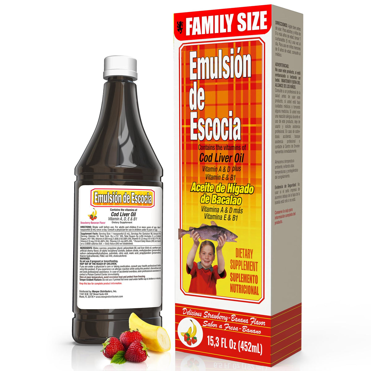 Front view of Scotland Cod Liver Oil Emulsion bottle in strawberry-banana flavor, 15.3 fl oz.