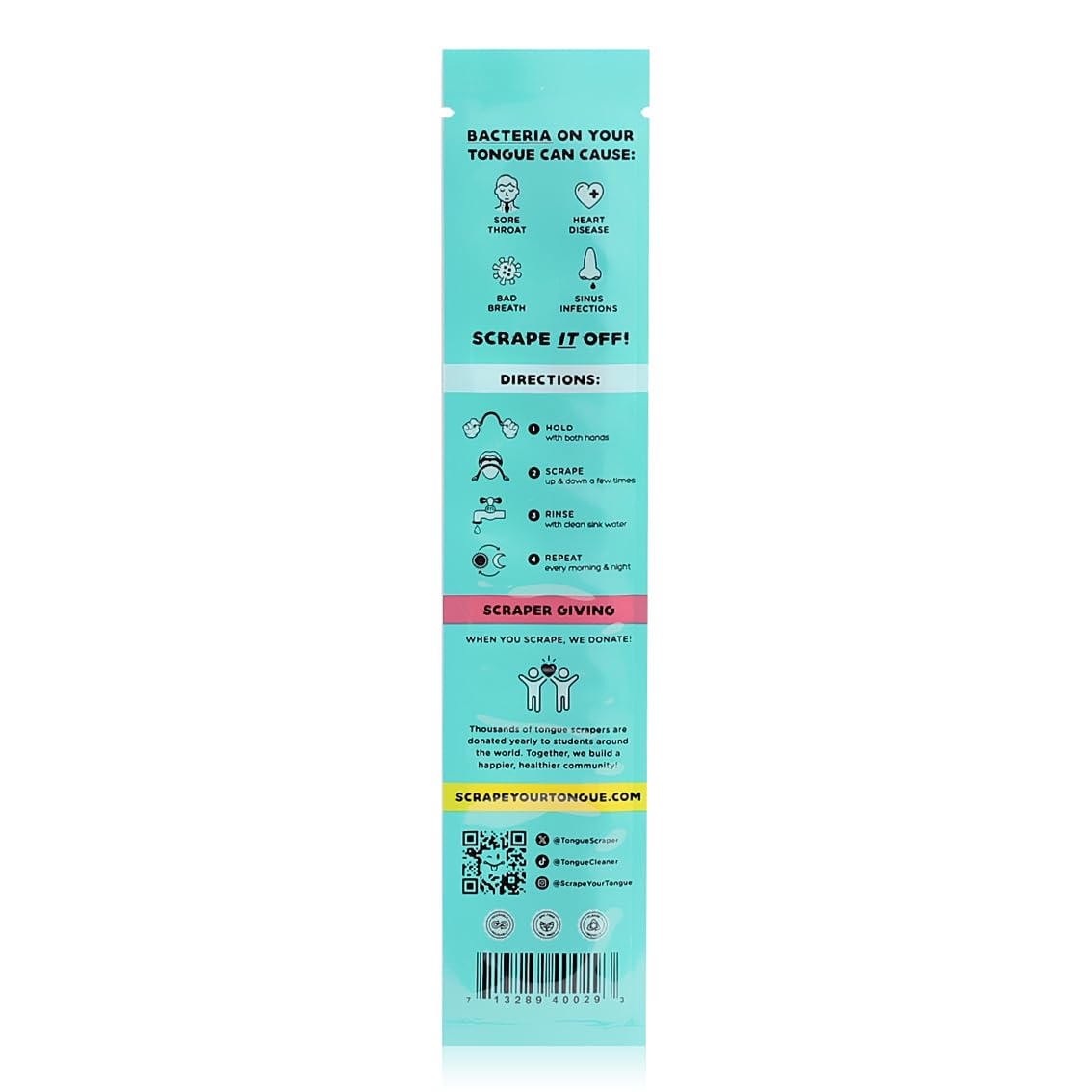 Travel-ready tongue scraper shown in a toiletry bag