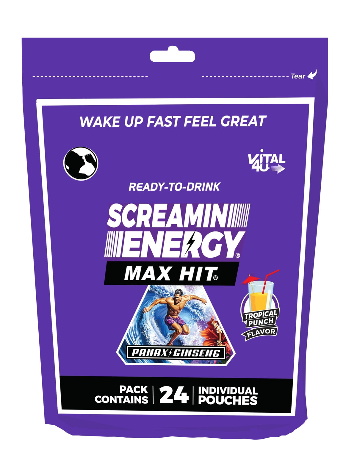 Front view of Screamin Energy Max Hit Tropical Punch bottle