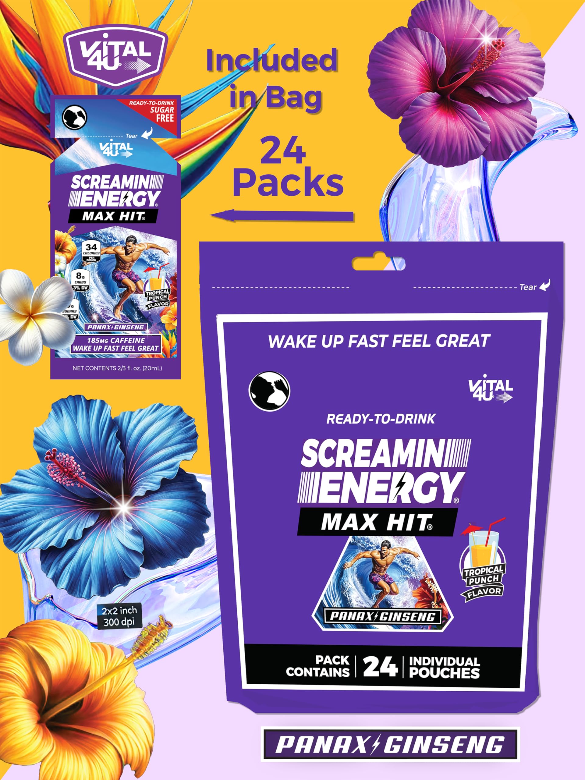 Nutrition facts label close-up for Screamin Energy Max Hit Tropical Punch