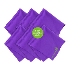 Six purple microfiber screen cleaner cloths laid out for electronics