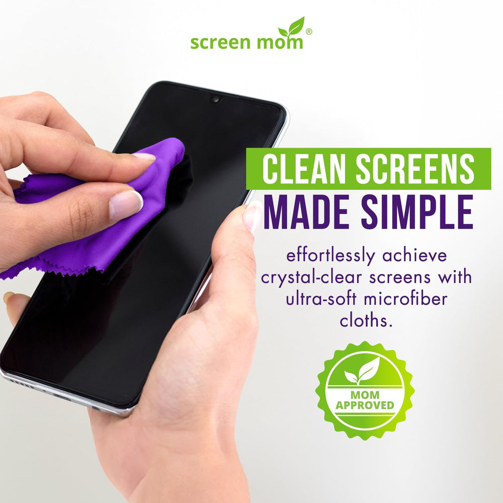 Close-up of purple Screen Mom microfiber cleaning cloths