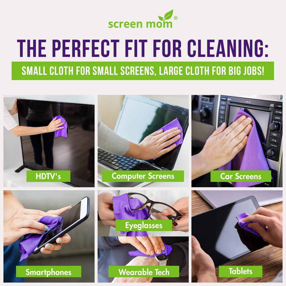 Wiping a TV screen with a Screen Mom cloth