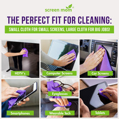Wiping a TV screen with a Screen Mom cloth