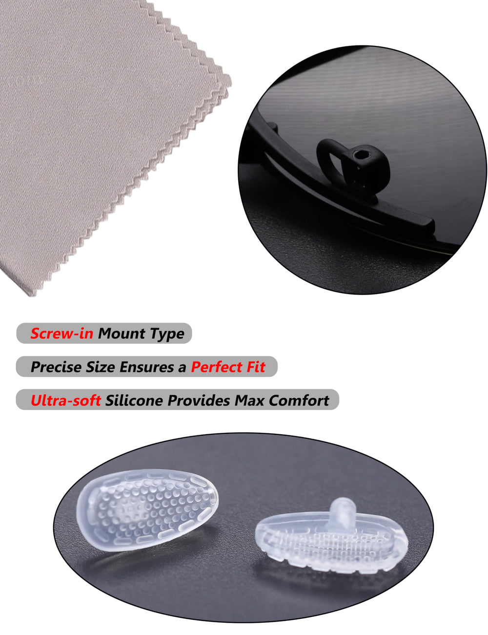 Screw-in nose pad installation with included micro screwdriver