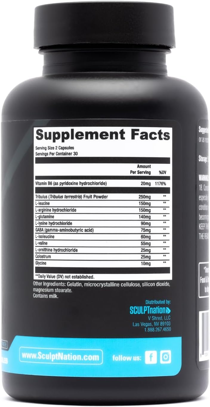 Close-up of supplement bottle label highlighting L-Arginine & BCAAs