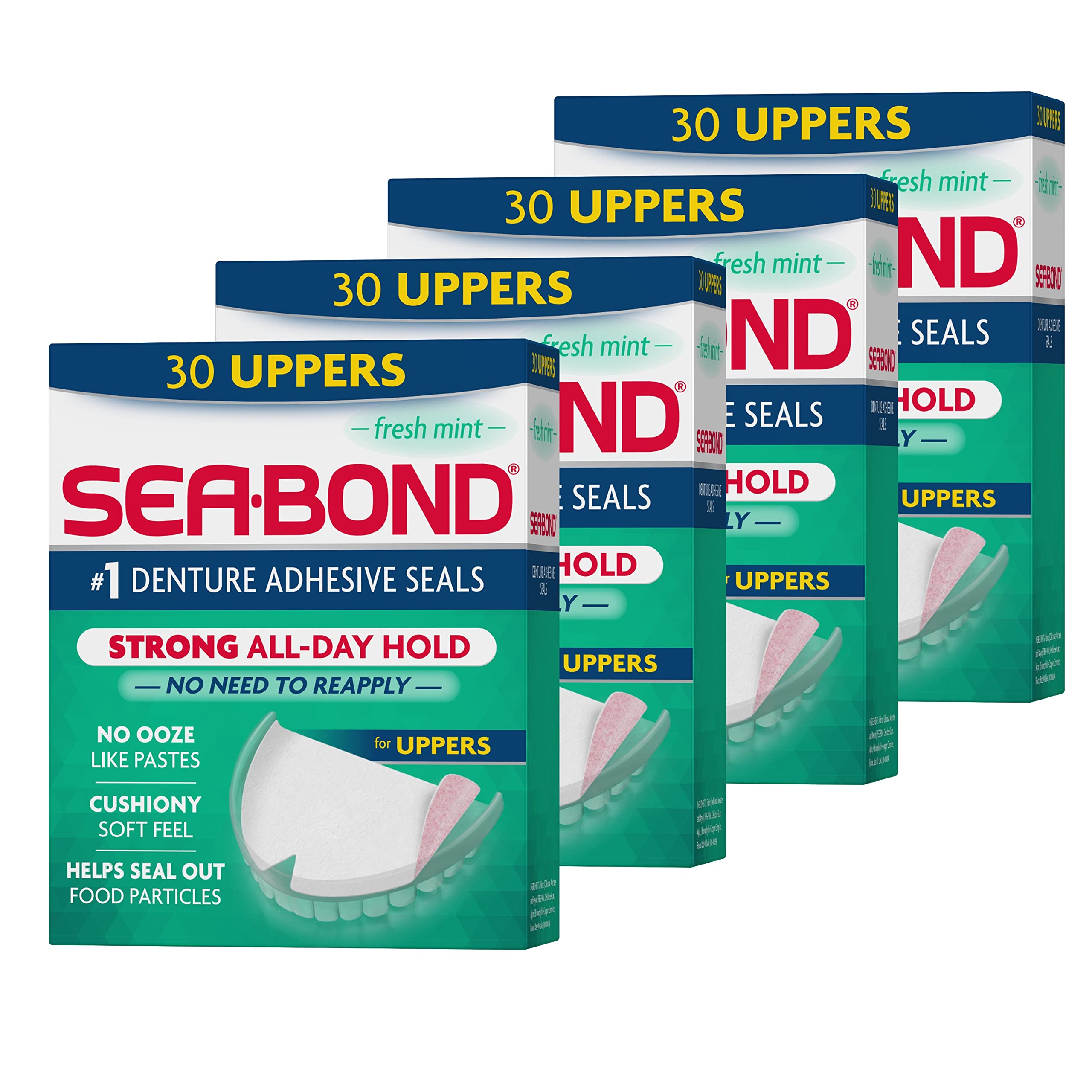Sea-Bond Fresh Mint denture adhesive seals in four 30-count packs