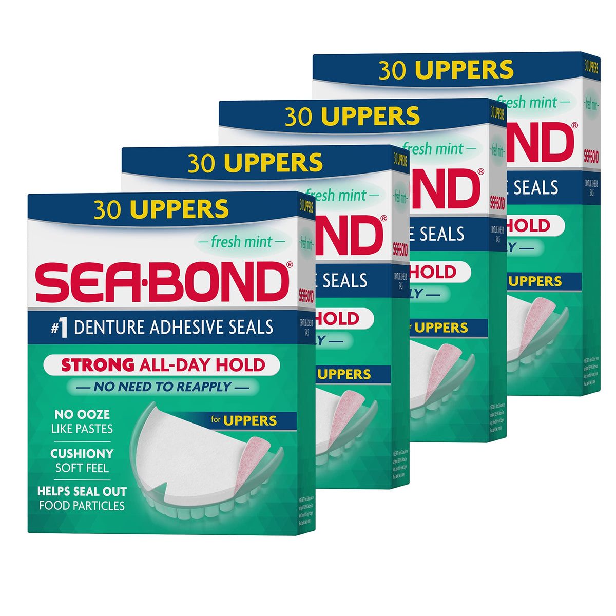 Sea-Bond Fresh Mint denture adhesive seals in four 30-count packs