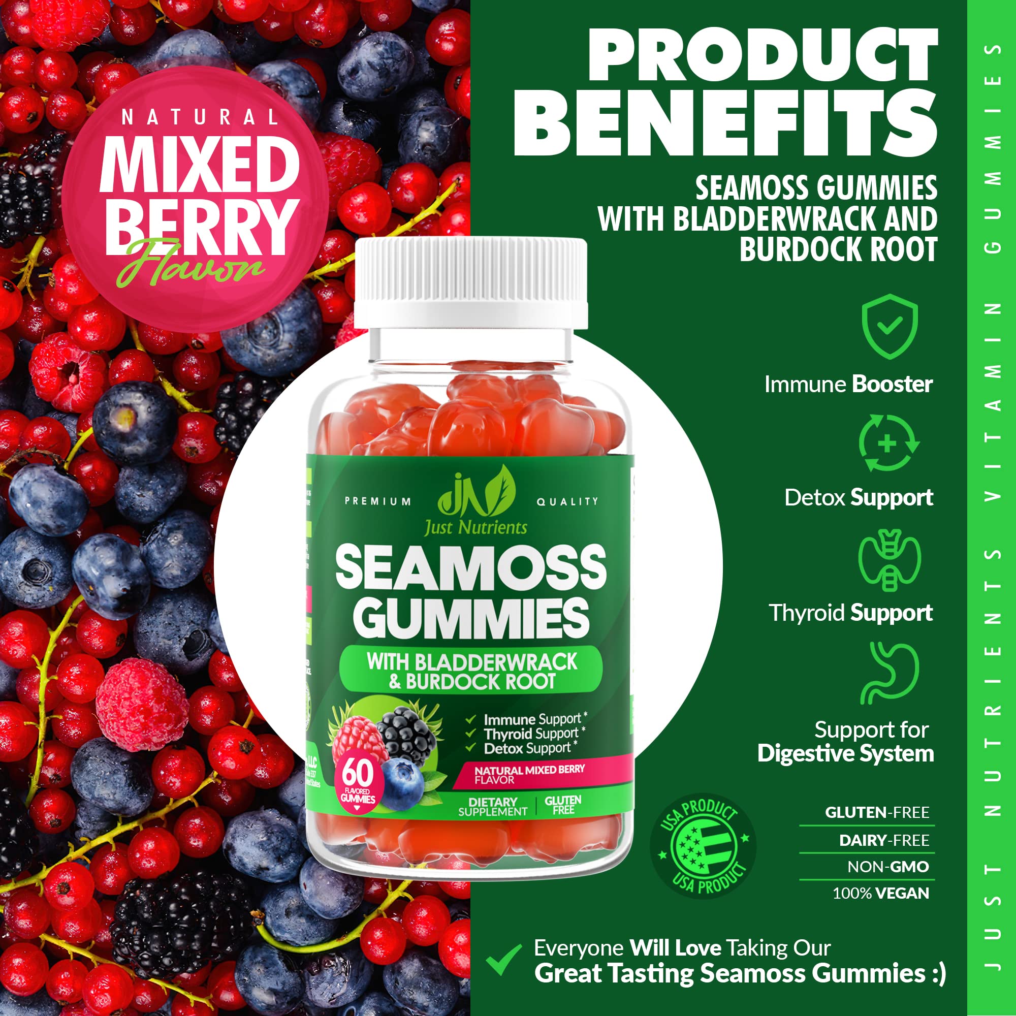 Illustration of ingredients: Irish Sea Moss, Bladderwrack and Burdock