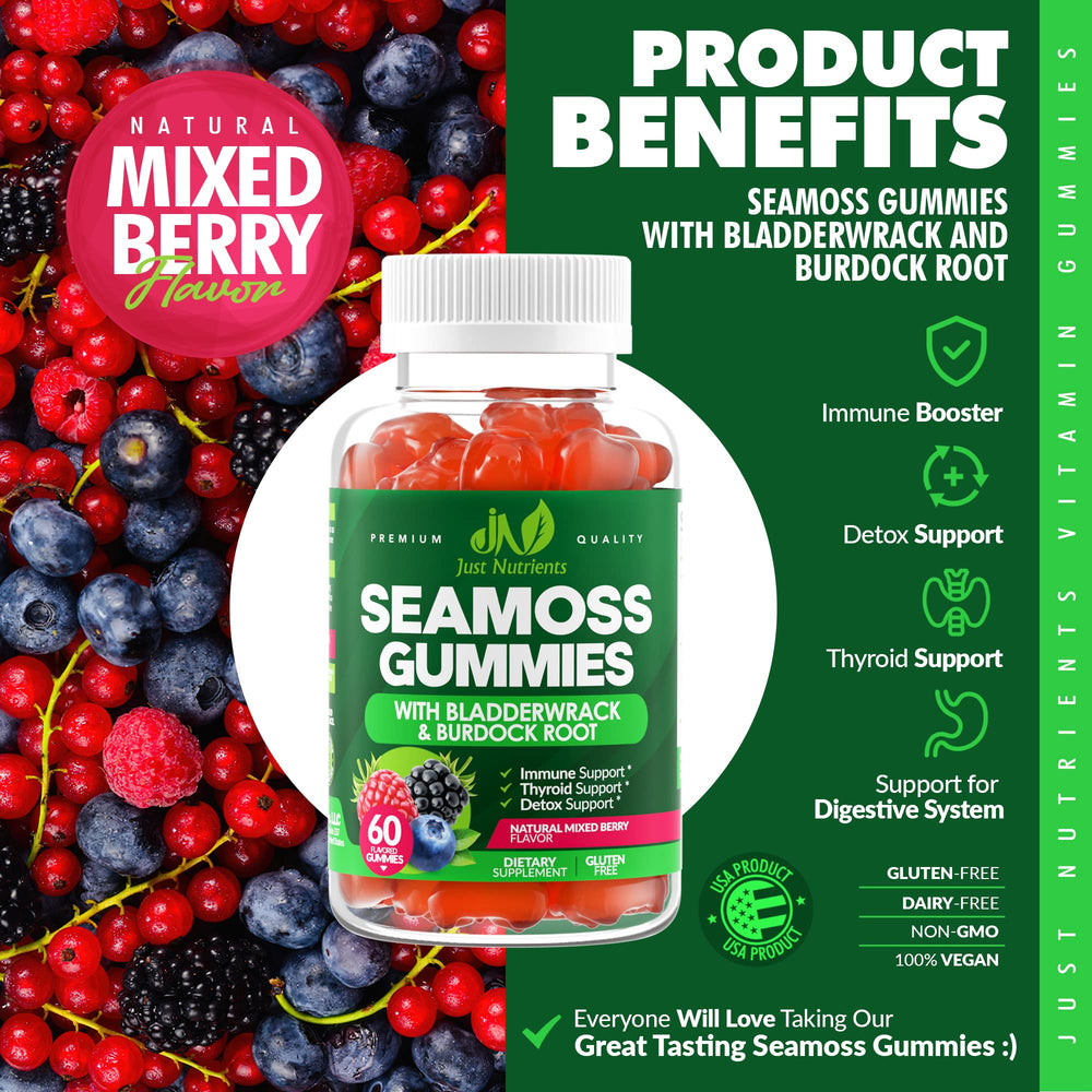 Illustration of ingredients: Irish Sea Moss, Bladderwrack and Burdock