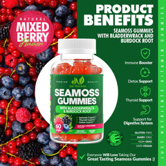 Illustration of ingredients: Irish Sea Moss, Bladderwrack and Burdock