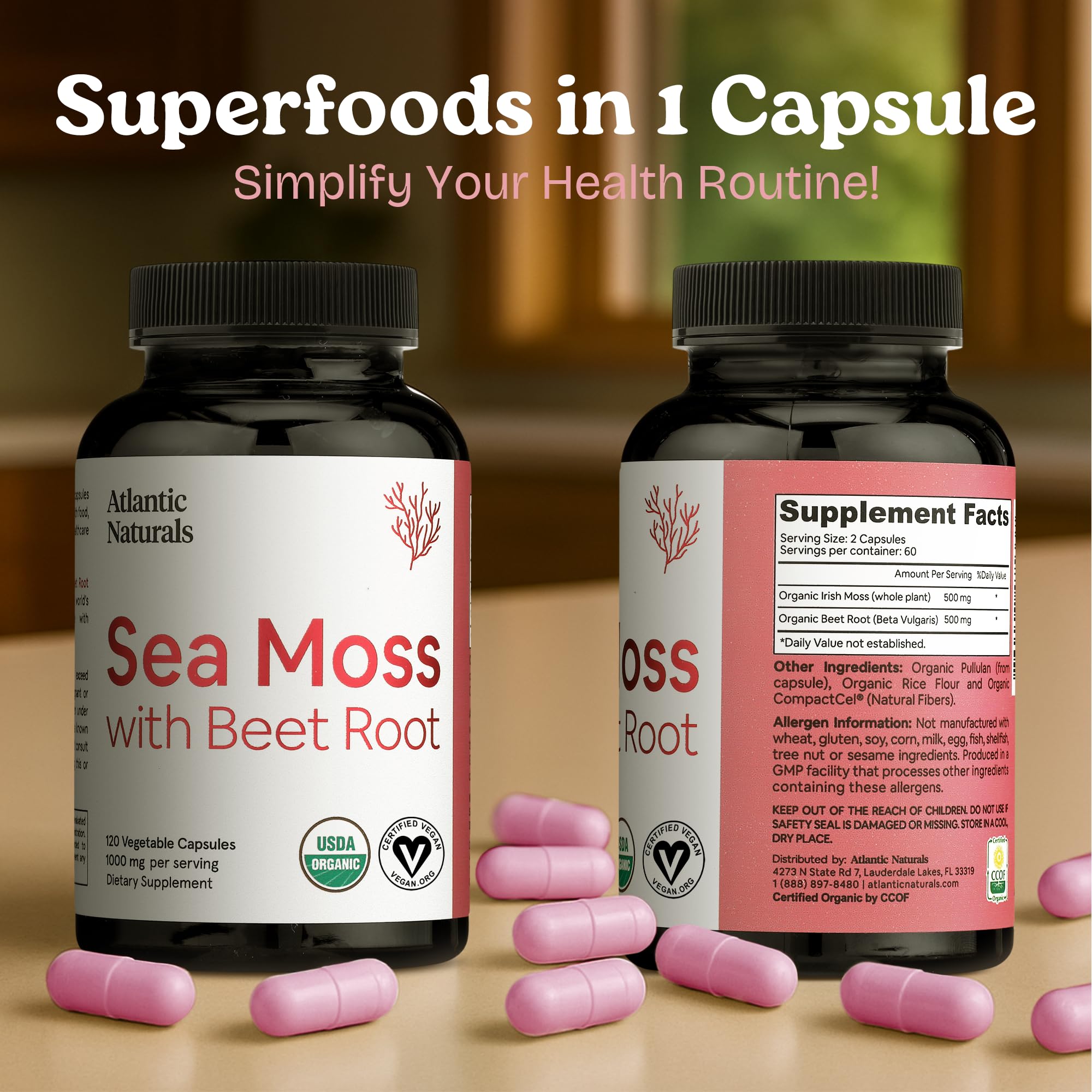 Bottle label detailing ingredients and dosage for Sea Moss with Beet Root capsules