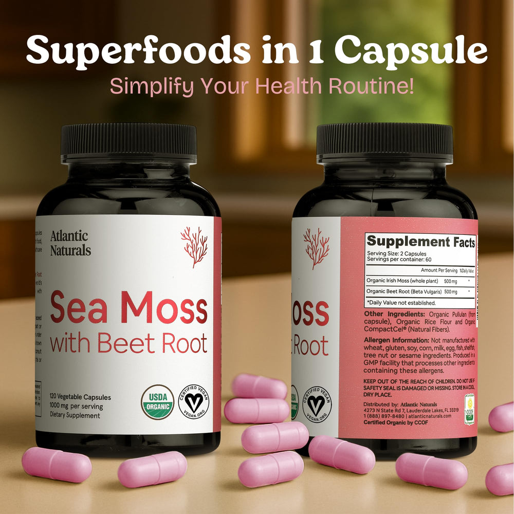Bottle label detailing ingredients and dosage for Sea Moss with Beet Root capsules