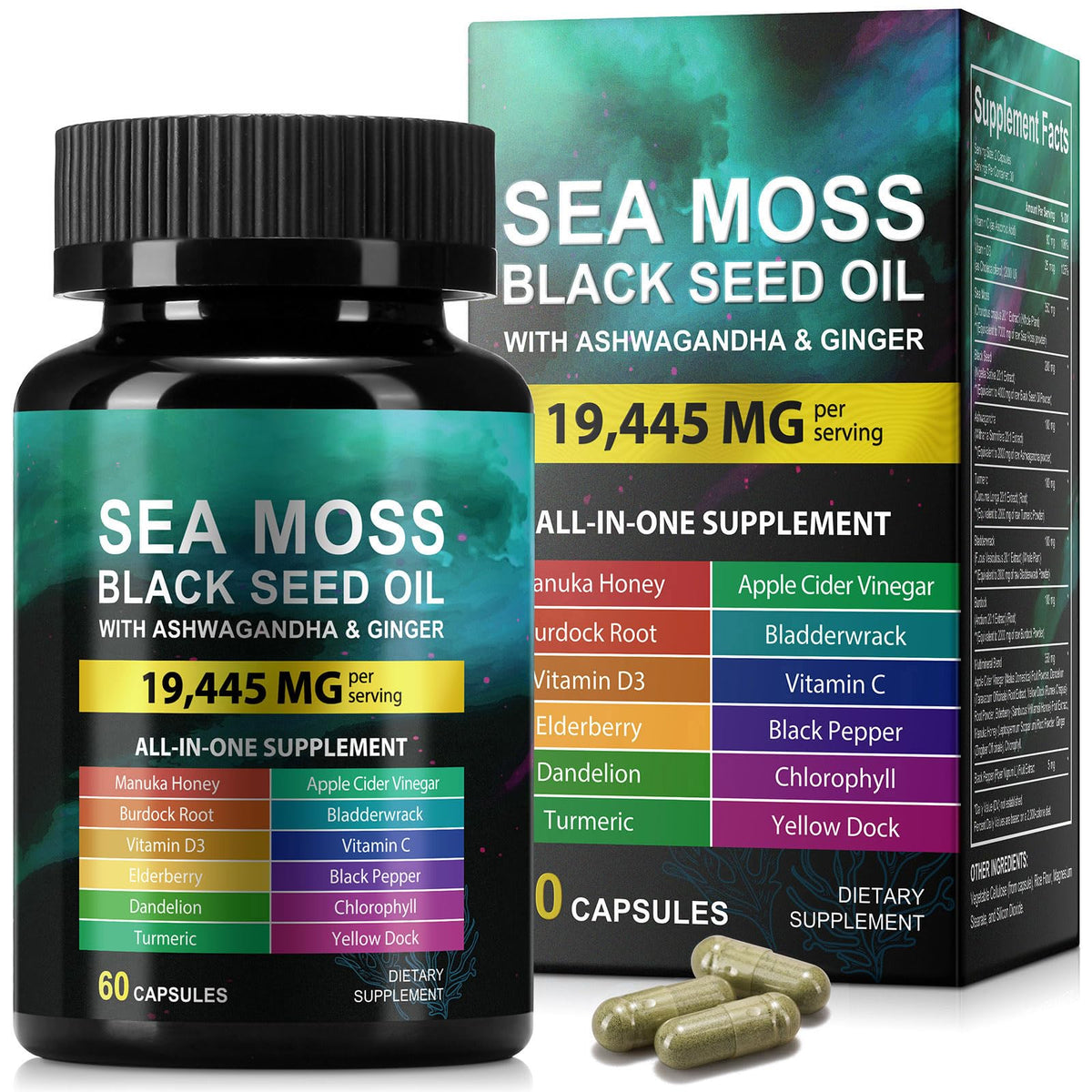 Sea Moss Black Seed Oil Capsules bottle with Ashwagandha and Ginger