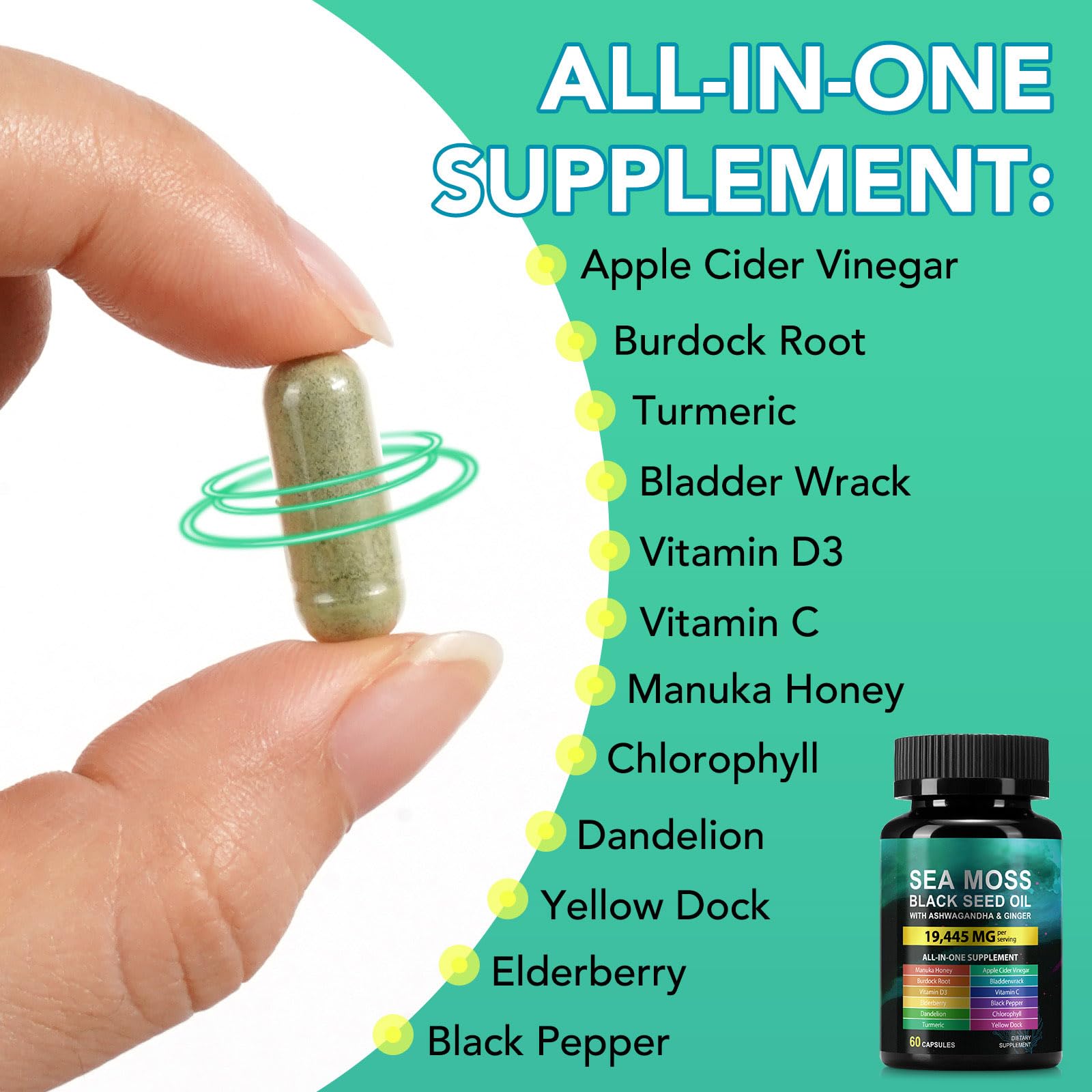 Ashwagandha and Ginger ingredients arranged near capsules