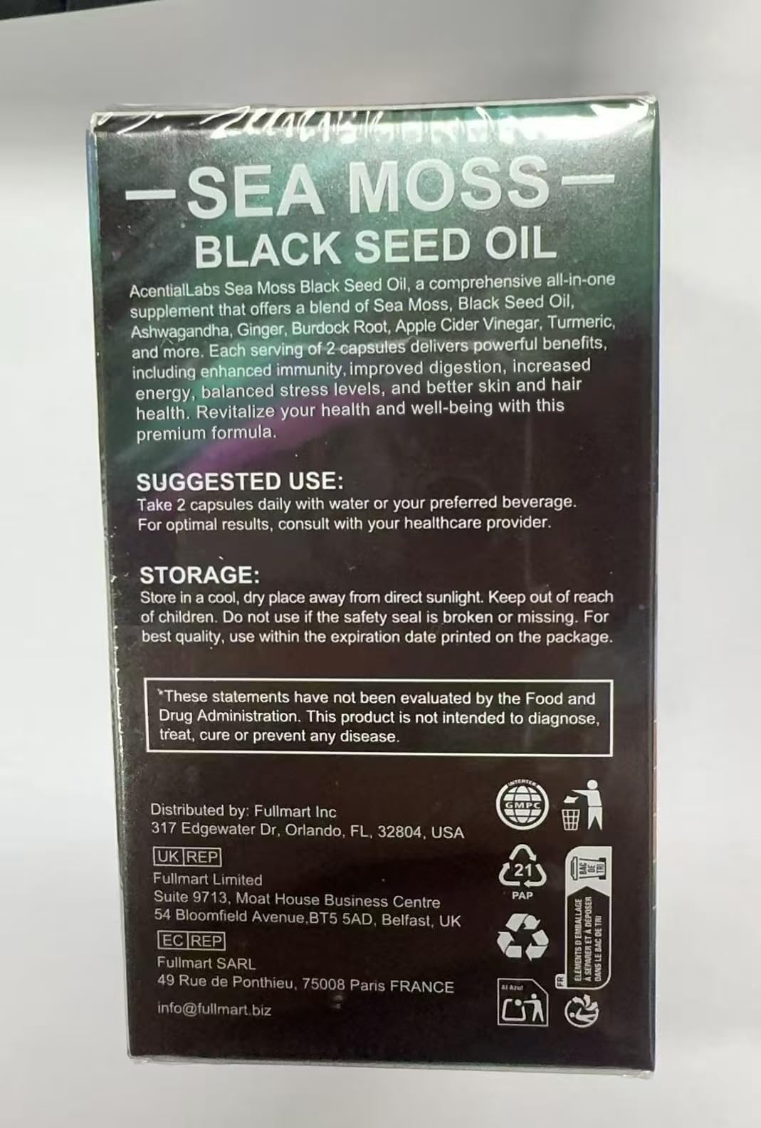 All-in-One Sea Moss capsule product on a clean surface