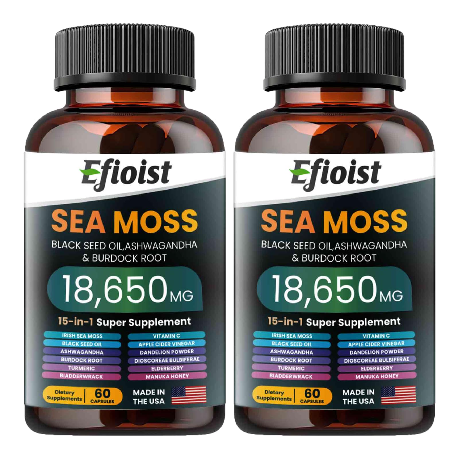 Sea Moss and Black Seed Oil capsule bottle with Ashwagandha and Turmeric