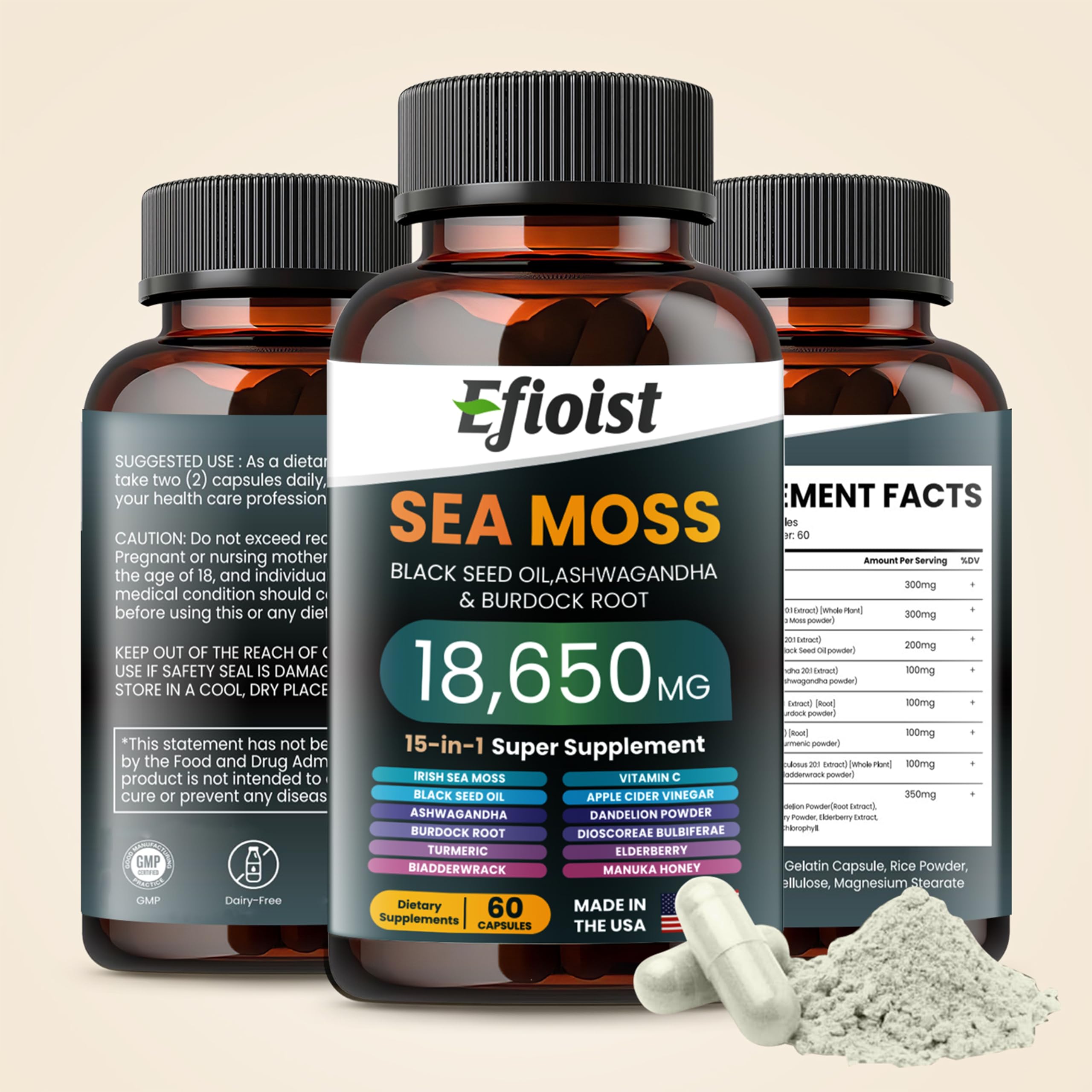 Capsule close-up showing Bladderwrack, Burdock Root and Chlorophyll ingredients