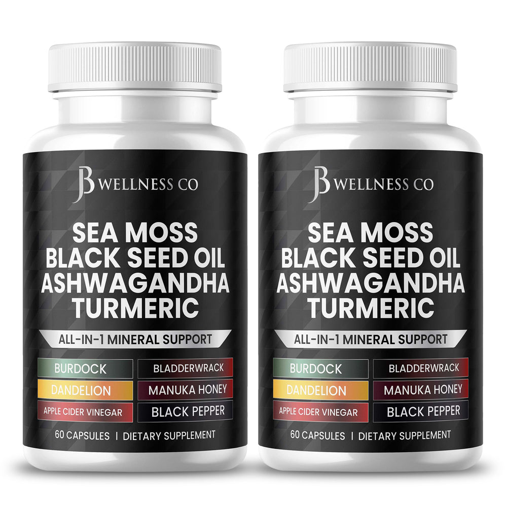 Bottle of Sea Moss Black Seed Oil Ashwagandha Turmeric Capsules