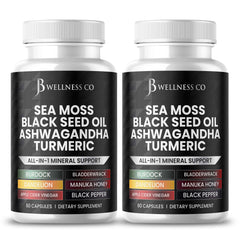 Bottle of Sea Moss Black Seed Oil Ashwagandha Turmeric Capsules