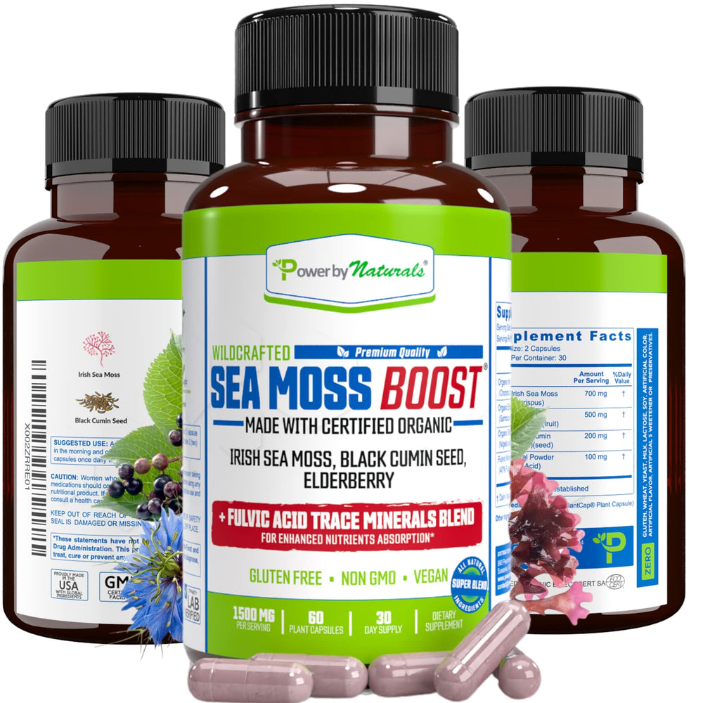 Sea Moss Boost bottle packaging close-up