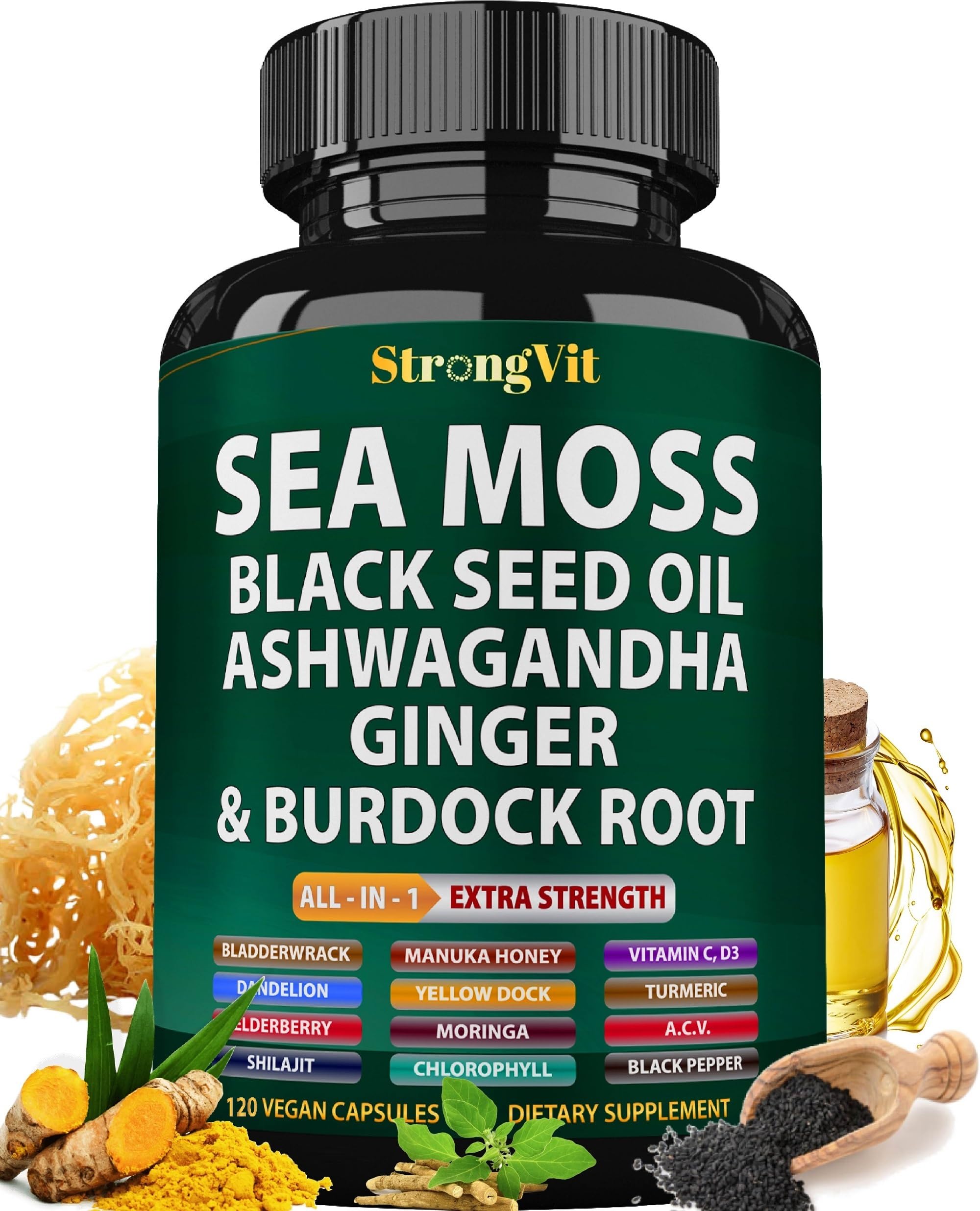 Hero image showing Sea Moss capsules with black seed oil and Ashwagandha Ginger