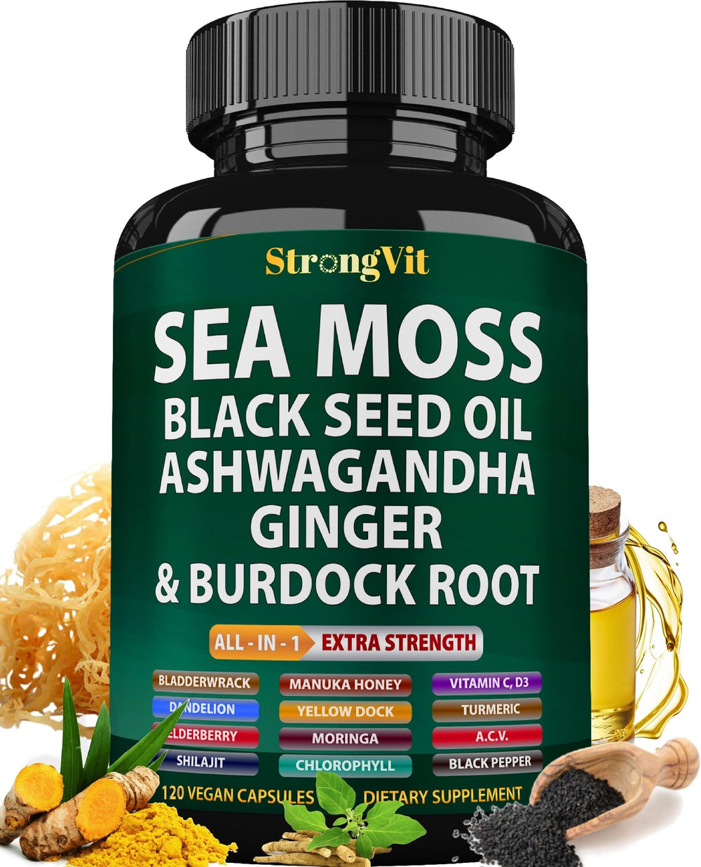 Hero image showing Sea Moss capsules with black seed oil and Ashwagandha Ginger