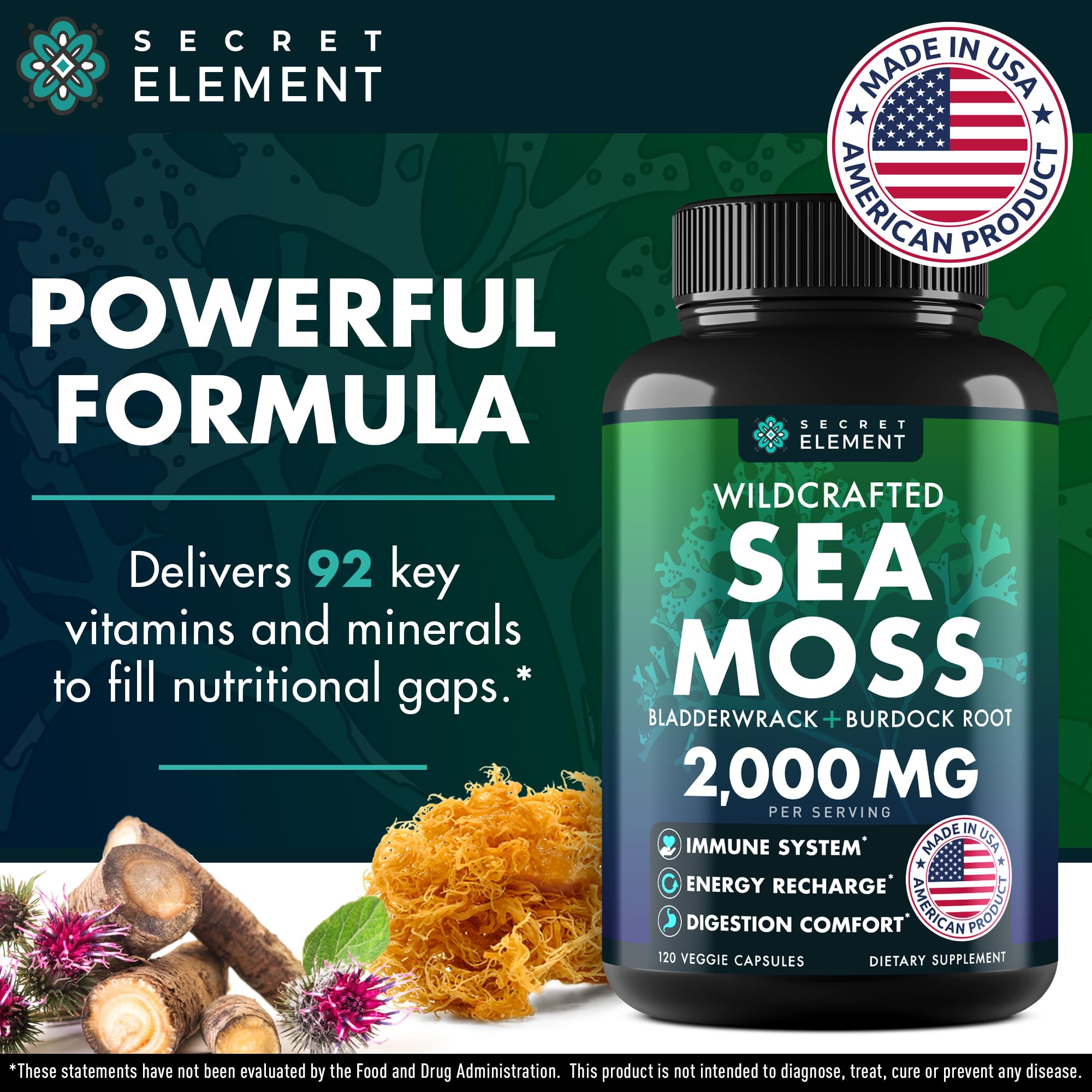 Close-up of Sea Moss capsules with burdock root