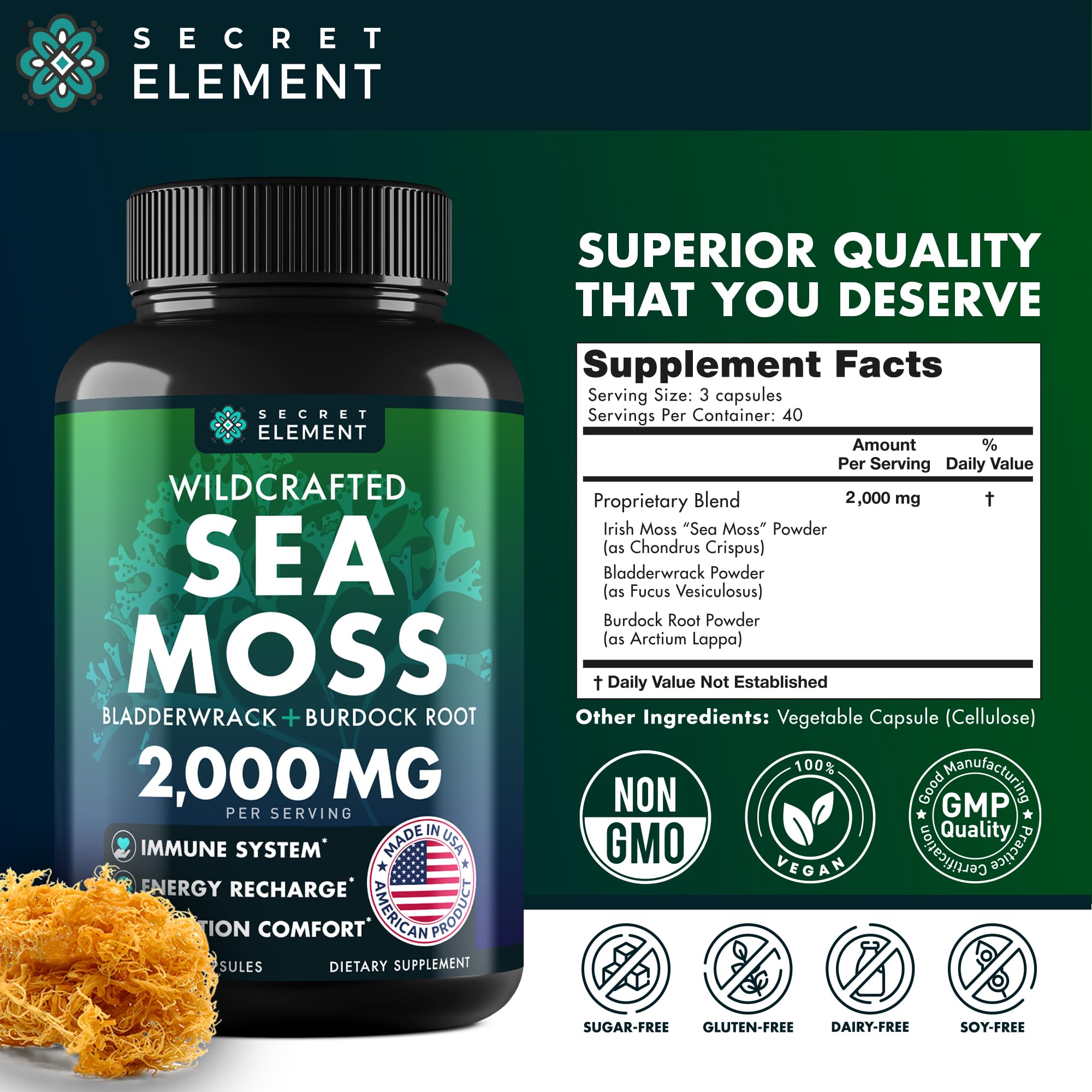 Raw sea moss powder next to capsules
