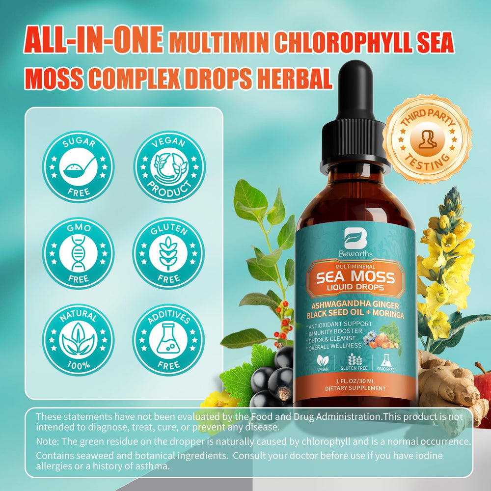 Sea moss drops supporting energy, liver detox and lung health