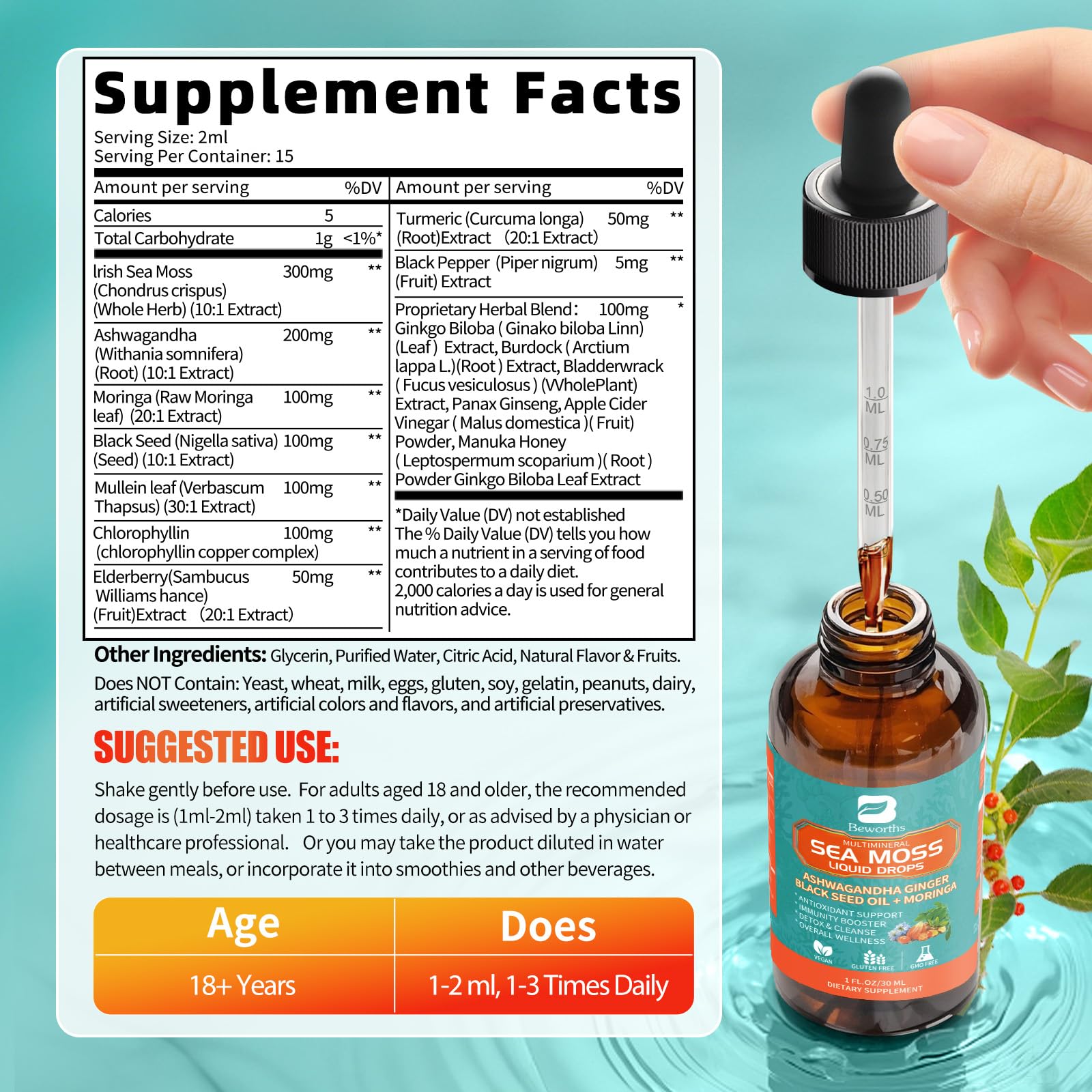 Artistic illustration of Sea Moss Drops and herbal ingredients