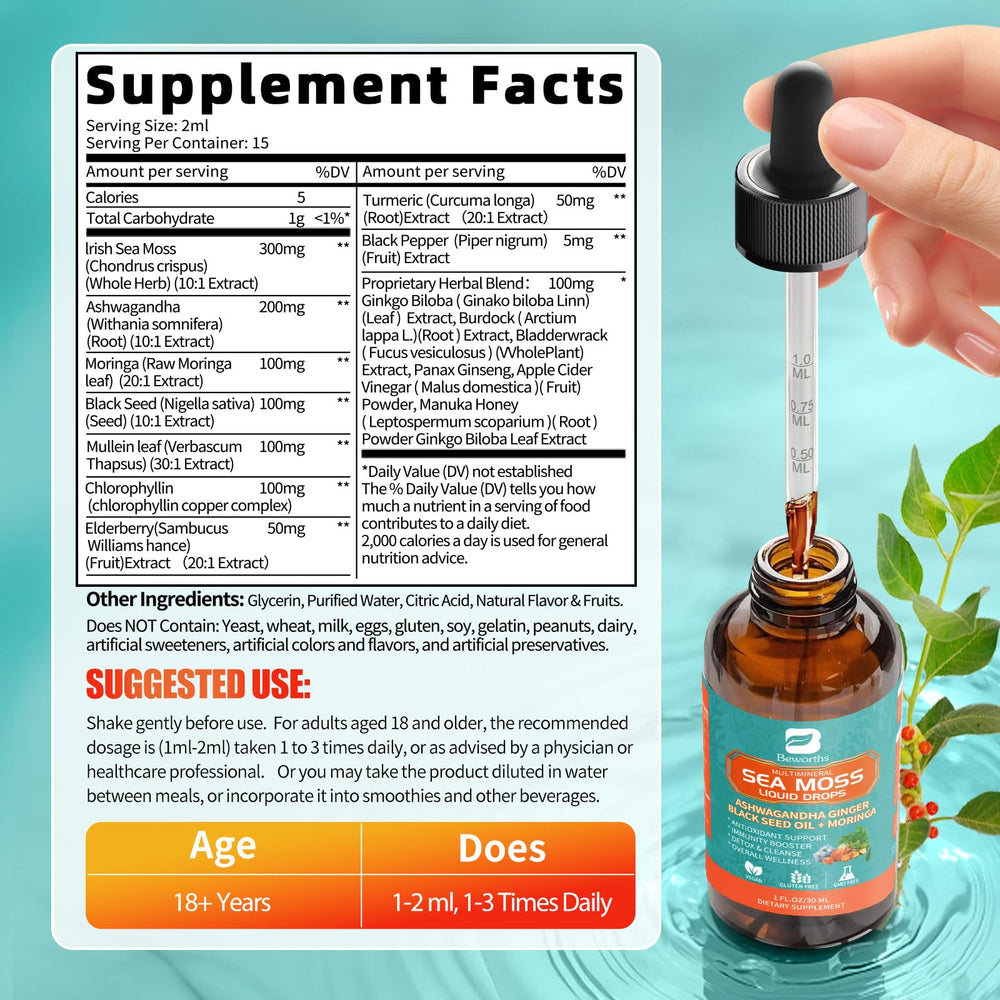 Artistic illustration of Sea Moss Drops and herbal ingredients