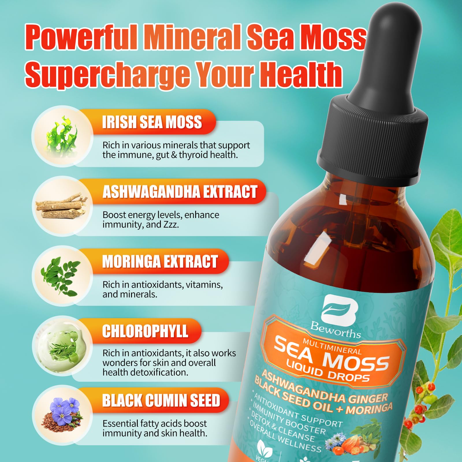 Close-up of Sea Moss Drops bottle label with 102+ minerals