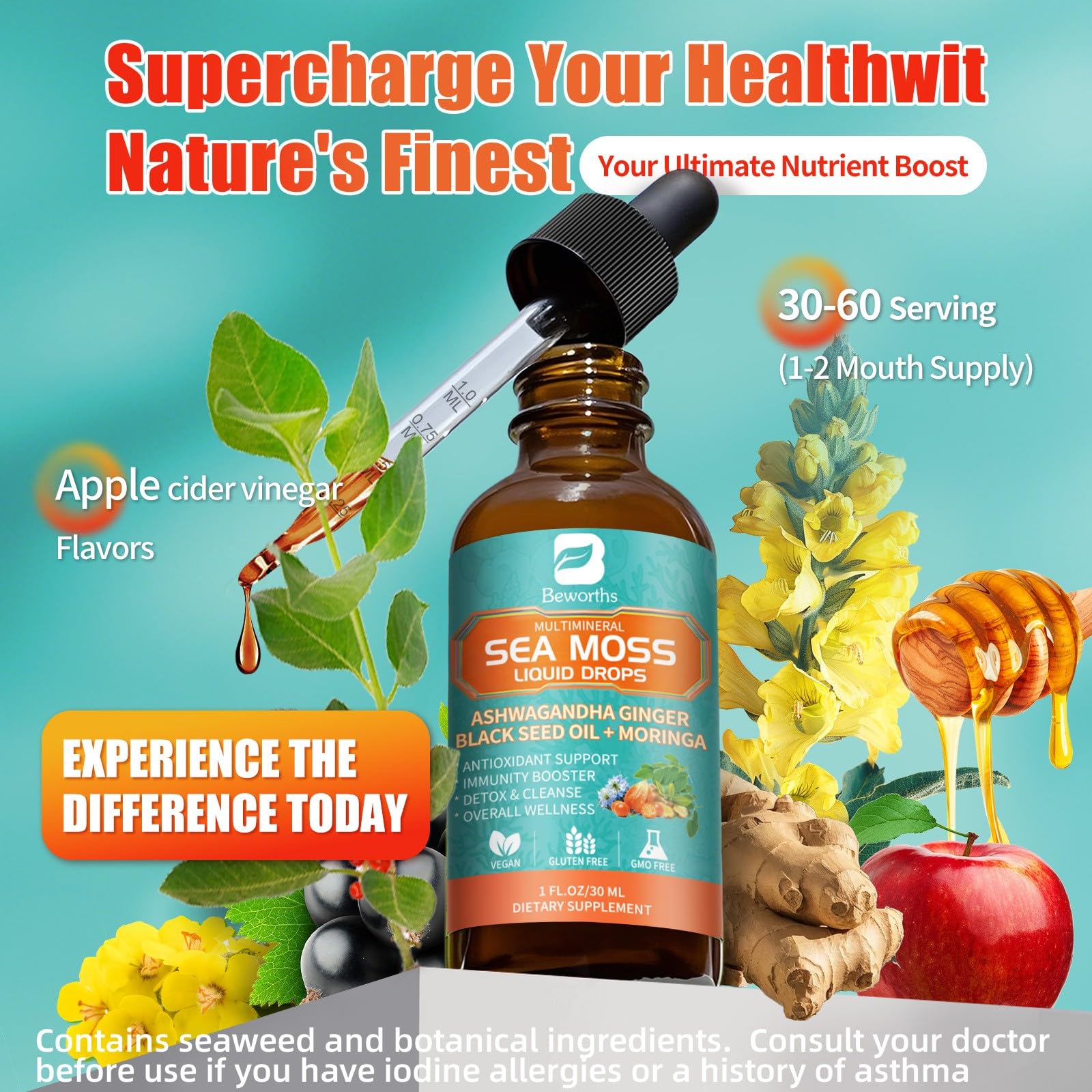 Front of Sea Moss Drops packaging and bottle design