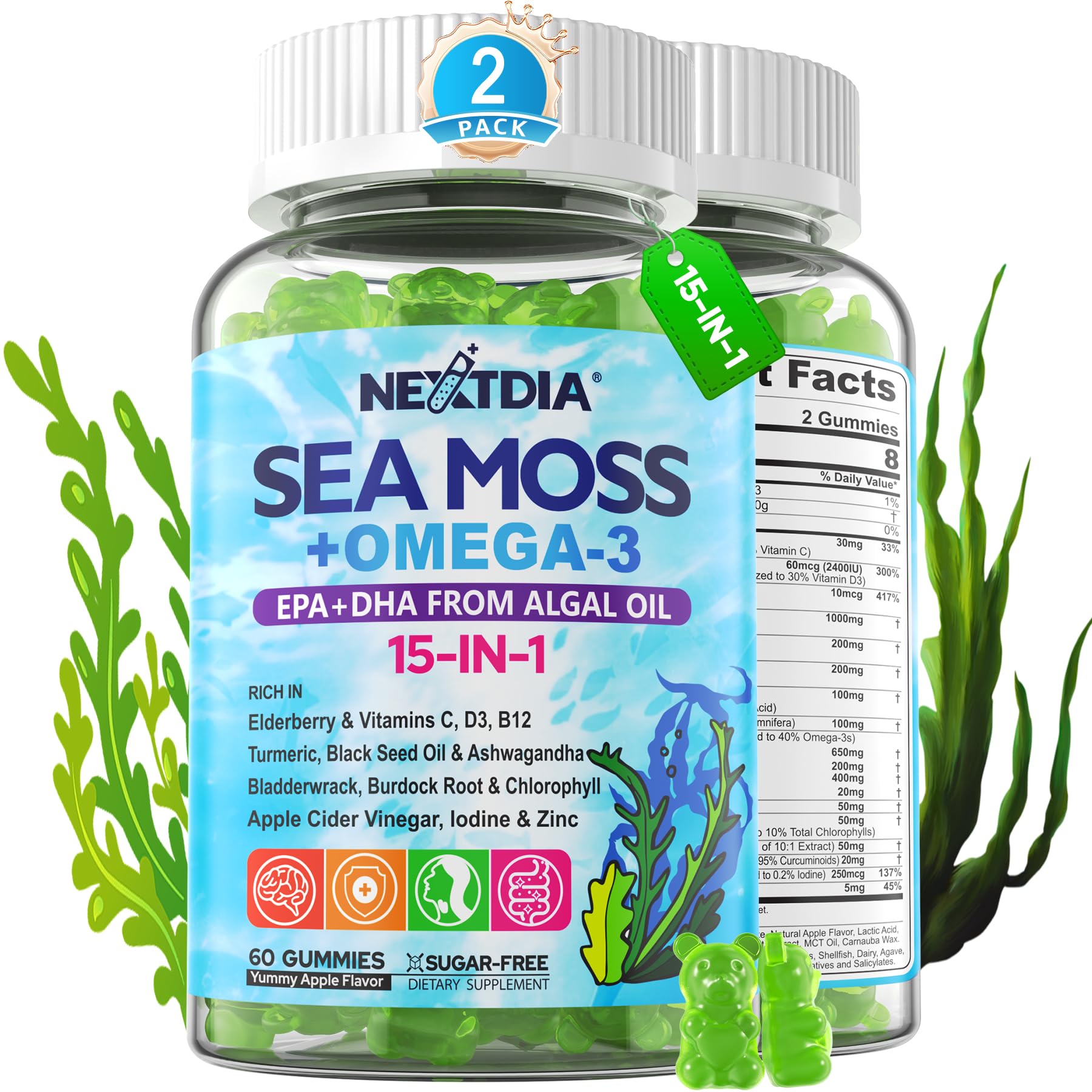 Front view of 2-pack Sea Moss Gummies bottle