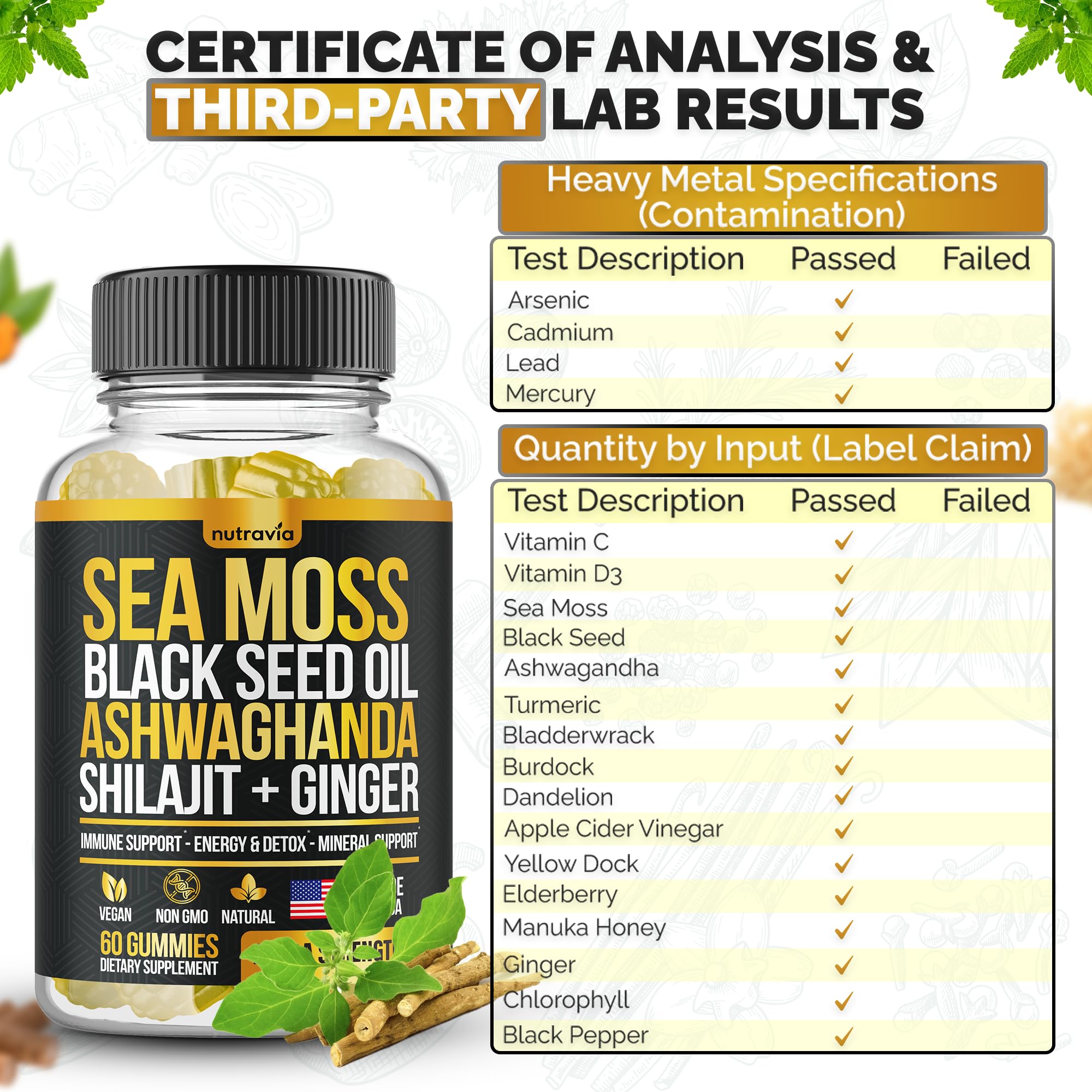 Bottle of Sea Moss Gummies with herbs and turmeric