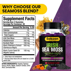 Packaging for 60 gummies of sea moss, elderberry and black seed oil